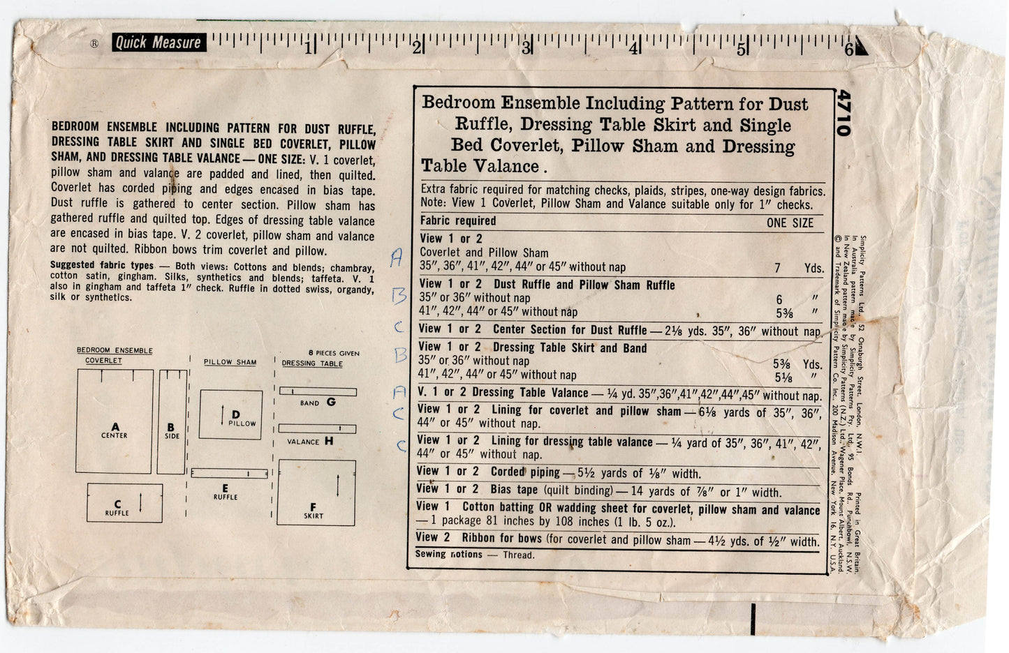 Patrón de costura vintage de los años 60 Simplicity 4710, conjunto de dormitorio retro, doblado de fábrica, SIN USAR