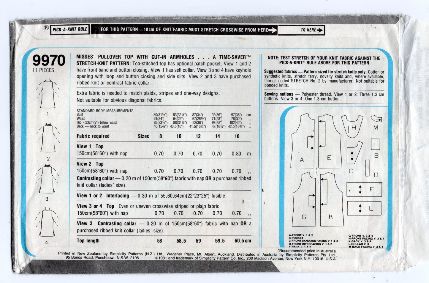 Simplicity 9970 Womens Stretch Pullover One Metre Tops 1980s Vintage Sewing Pattern Size 10