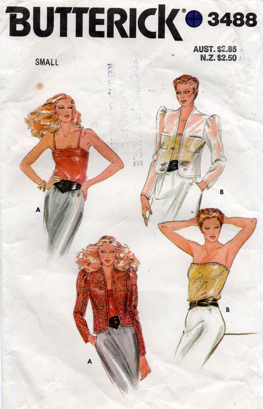 Butterick 3488 Womens Camisole Tops & Puffy Sleeved Jacket 1980s Vintage Sewing Pattern Size 10 Bust 32 1/2 inches