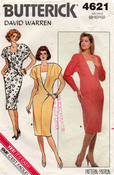 Butterick 4621 DAVID WARREN Womens Side Buttoned Dress 1980s Vintage Sewing Pattern Size 8 - 12