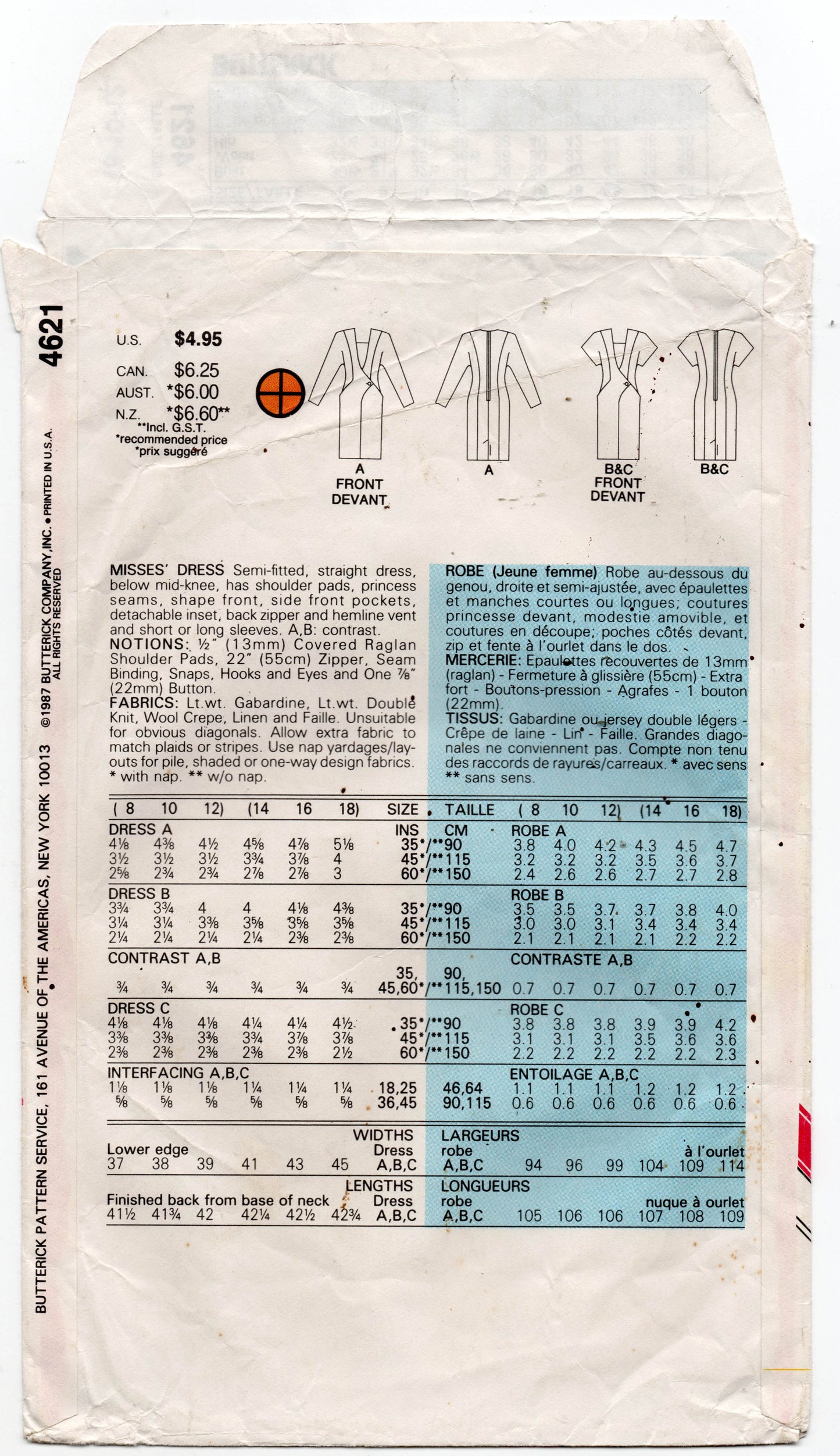 Butterick 4621 DAVID WARREN Womens Side Buttoned Dress 1980s Vintage Sewing Pattern Size 8 - 12