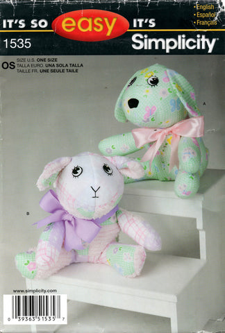 Simplicity 1535 Stuffed Soft Toys Lamb & Puppy Dog Out Of Print Sewing Pattern UNCUT Factory Folded