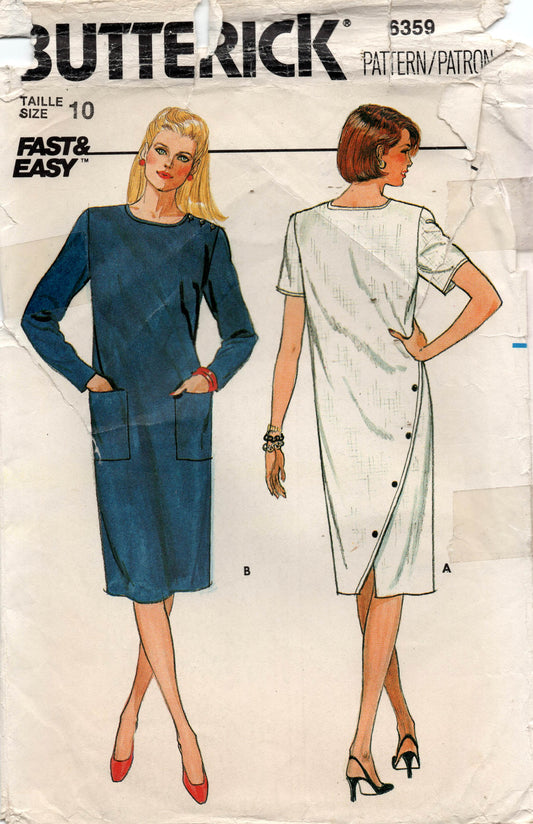 Butterick 6359 Womens Straight Back Buttoned Dress 1980s Vintage Sewing Pattern Size 10 UNCUT Factory Folded