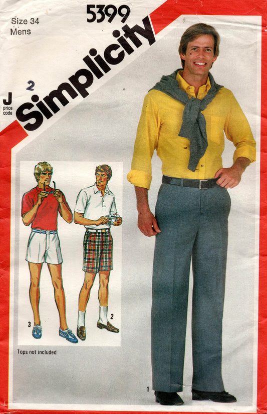 Patrón de costura vintage de los años 80 para pantalones y pantalones cortos de corte sencillo para hombre Simplicity 5399, talla 34 o 44, sin cortar, doblado de fábrica