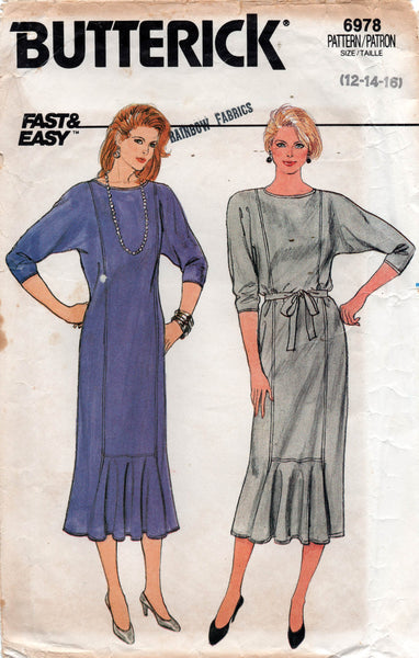 Butterick 6978 Womens Pullover Dress with Front Flounce 1980s Vintage Sewing Pattern Size 12 - 16