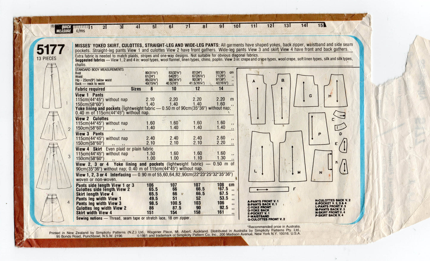 Simplicity 5177 Womens Yoked Skirt Culottes Wide & Straight Leg Pants 1980s Vintage Sewing Pattern Size 10 Waist 25 inches