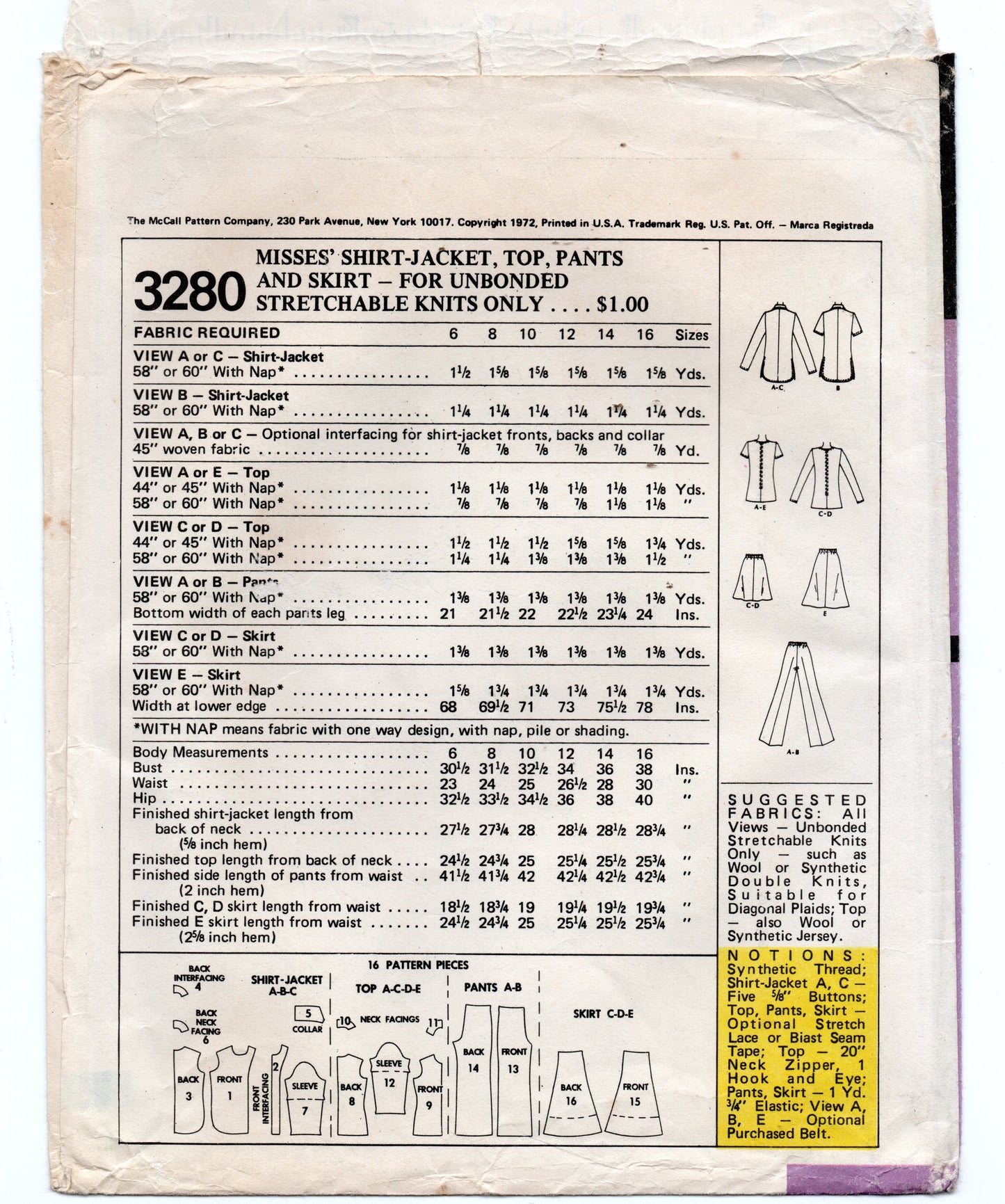 McCall's 3280 Womens Stretch Shirt/Jacket Top Skirt & Flared Pants 1970s Vintage Sewing Pattern Size 12 UNCUT Factory Folded