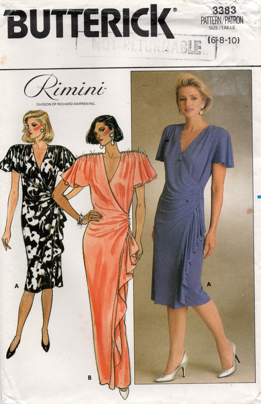 Butterick 3383 RIMINI Womens Wrap Front Side Draped Evening Dress 1980s Vintage Sewing Pattern Size 6 - 10 UNCUT Factory Folded