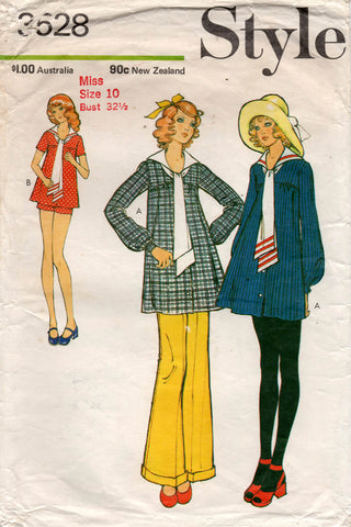 Style 3528 Womens Sailor Smock Dress Top Shorts & Bell Bottom Pants 1970s Vintage Sewing Pattern Size 10 Bust 32 1/2 inches