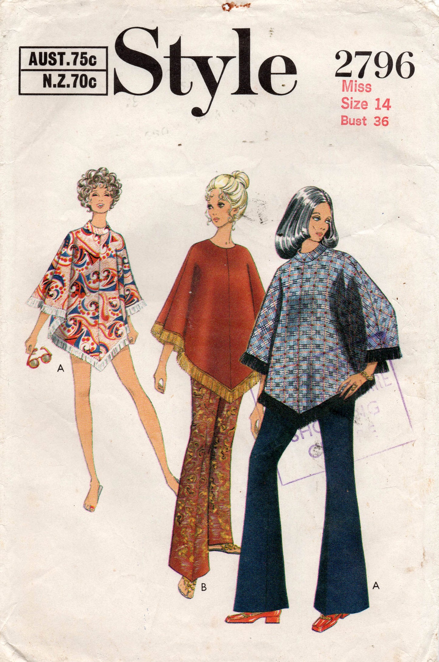 Style 2796 Womens Poncho / Beach Cover Up & Pants 1970s Vintage Sewing Pattern Size 12 or 14