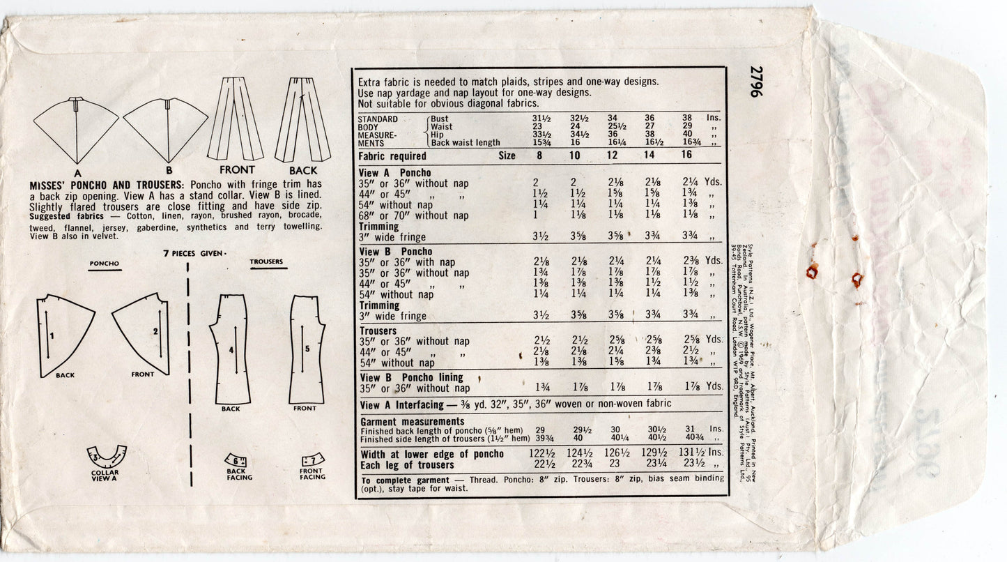 Style 2796 Womens Poncho / Beach Cover Up & Pants 1970s Vintage Sewing Pattern Size 12 or 14