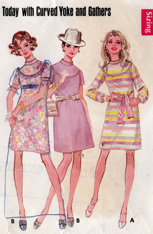 Butterick 5243 Womens MOD Round Yoked Dress 1960s Vintage Sewing Pattern Size 12 Bust 34 Inches
