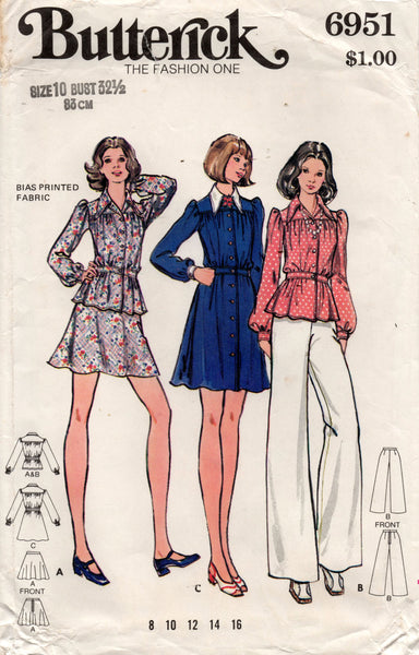 Butterick 6951 Womens Puff Sleeved Tunic Top Flared Pants & Skirt 1970s Vintage Sewing Pattern Size 10 UNCUT Factory Folded