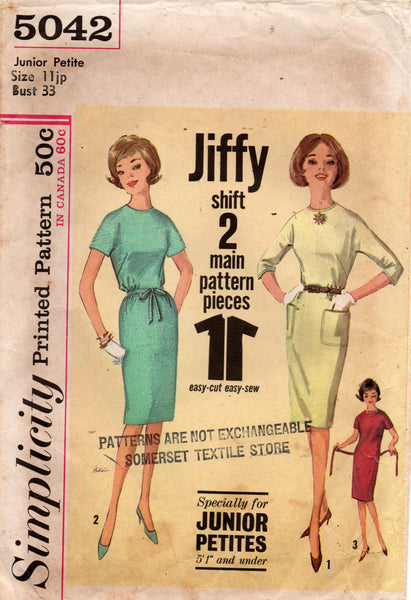 Simplicity 5042 Junior Petite JIFFY Shift Dress 1960s Vintage Sewing Pattern Size 11 JP Bust 33 inches