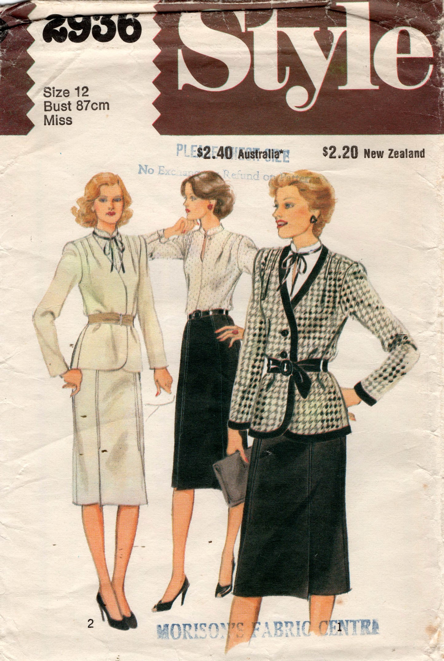 Style 2936 Womens Jacket Blouse & Skirt 1980s Vintage Sewing Pattern Size 12 Bust 34 inches