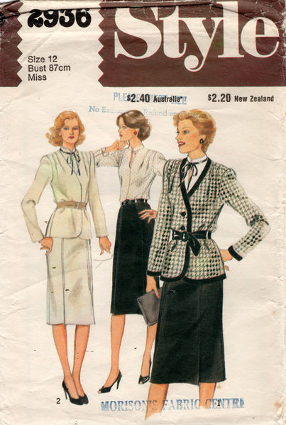 Style 2936 Womens Jacket Blouse & Skirt 1980s Vintage Sewing Pattern Size 12 Bust 34 inches