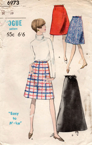 Vogue 6973 Womens EASY A Line Skirts 1960s Vintage Sewing Pattern Waist 28 inches