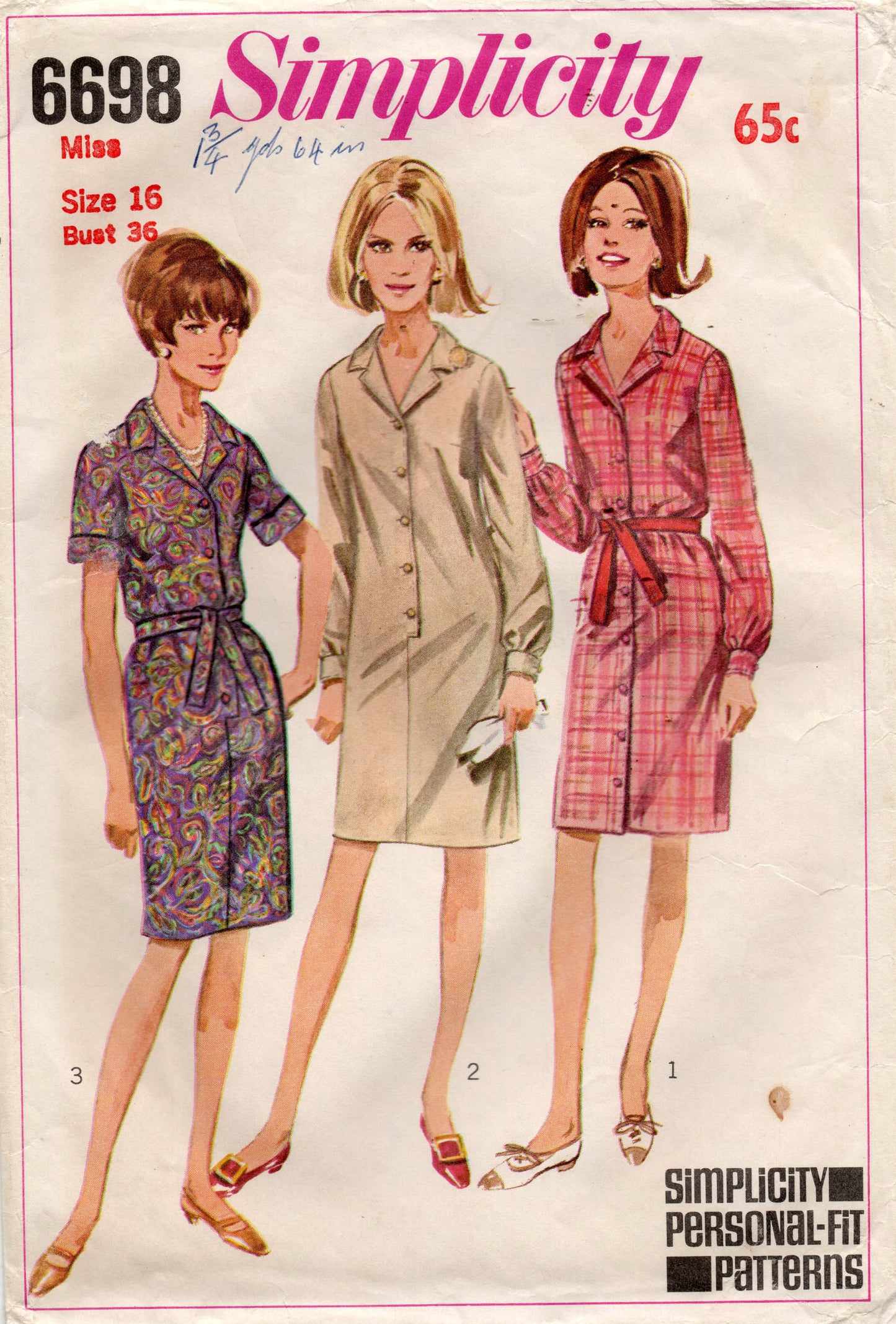 Simplicity 6698 Womens Classic Shirtdress 1960s Vintage Sewing Pattern Bust 34 or 36 inches