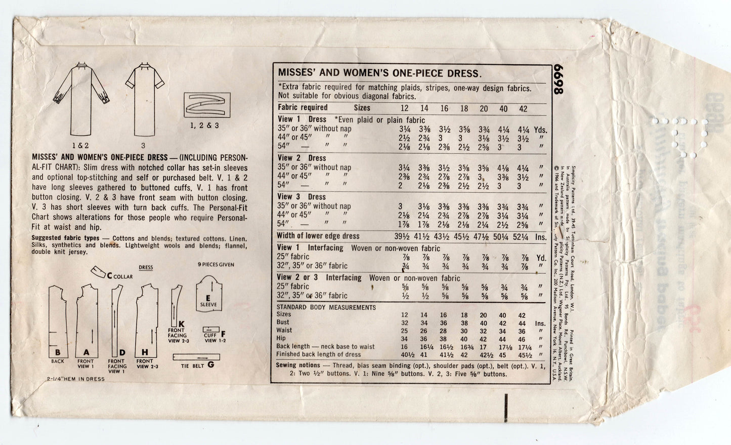 Simplicity 6698 Womens Classic Shirtdress 1960s Vintage Sewing Pattern Bust 34 or 36 inches