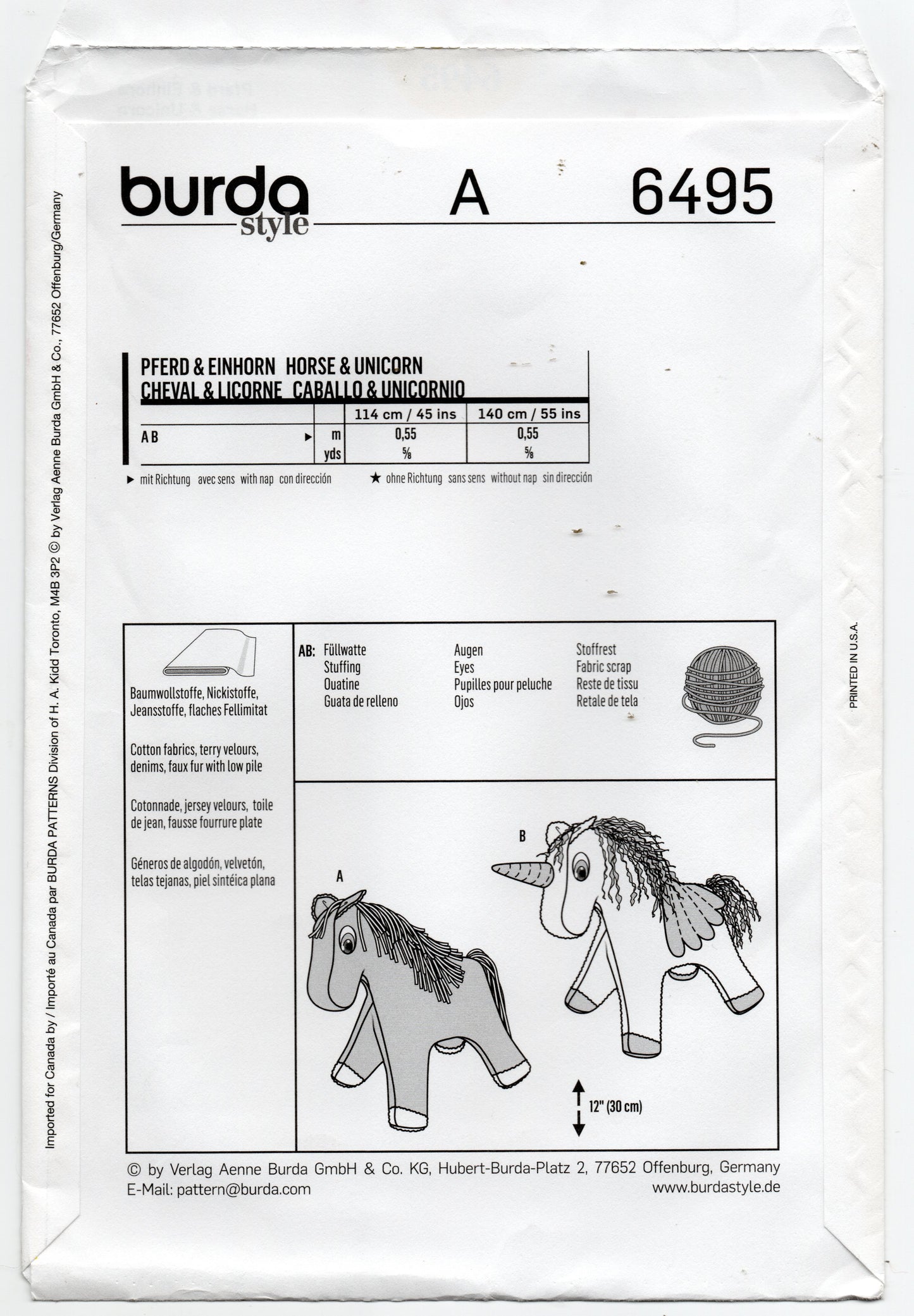 Burda Style 6495 EASY Stuffed Toy Horse & Unicorn Sewing Pattern UNCUT Factory Folded