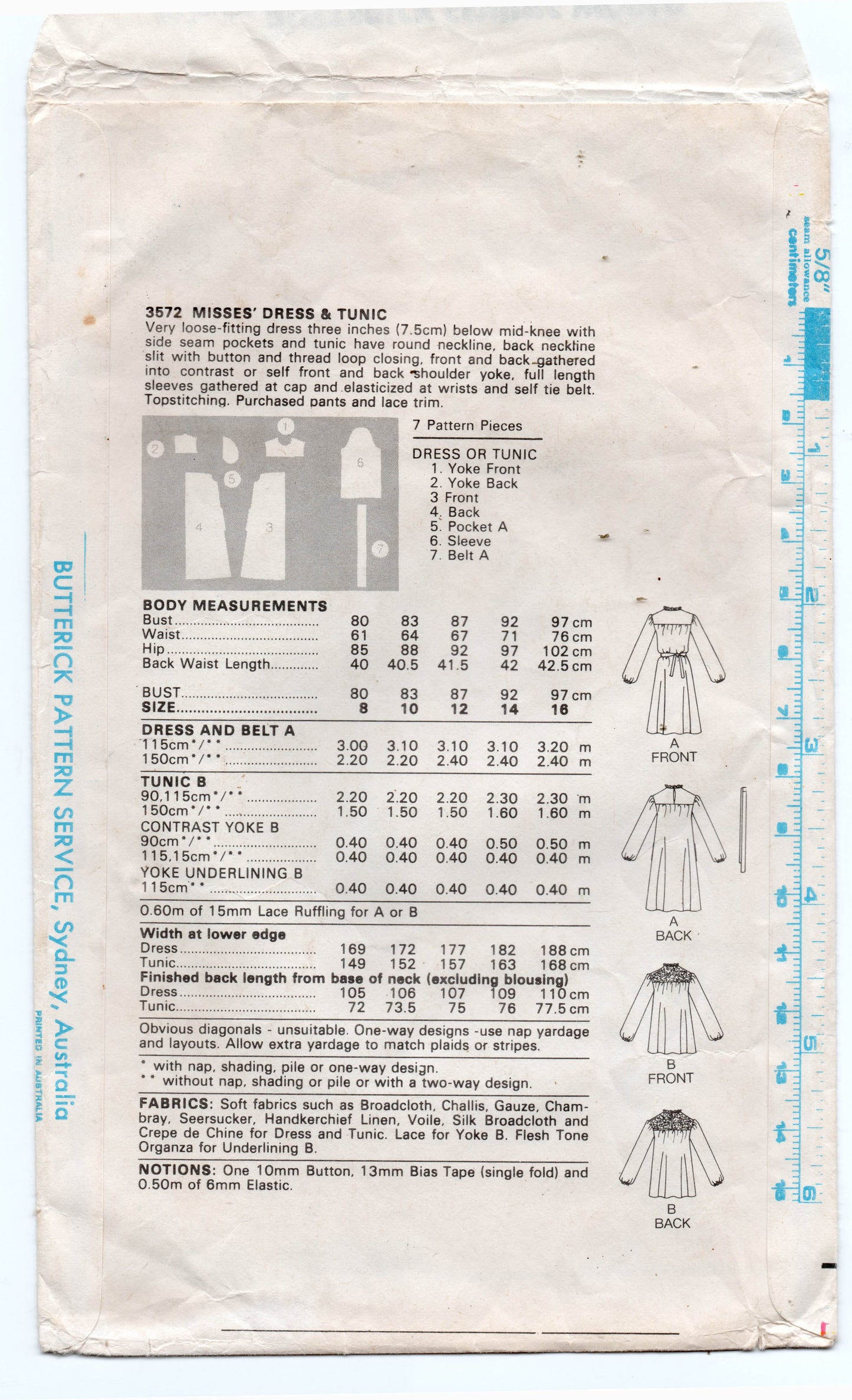 Butterick 3572 Womens Smock Dress & Tunic Top 1980s Vintage Sewing Pattern Size 12 Bust 34 inches