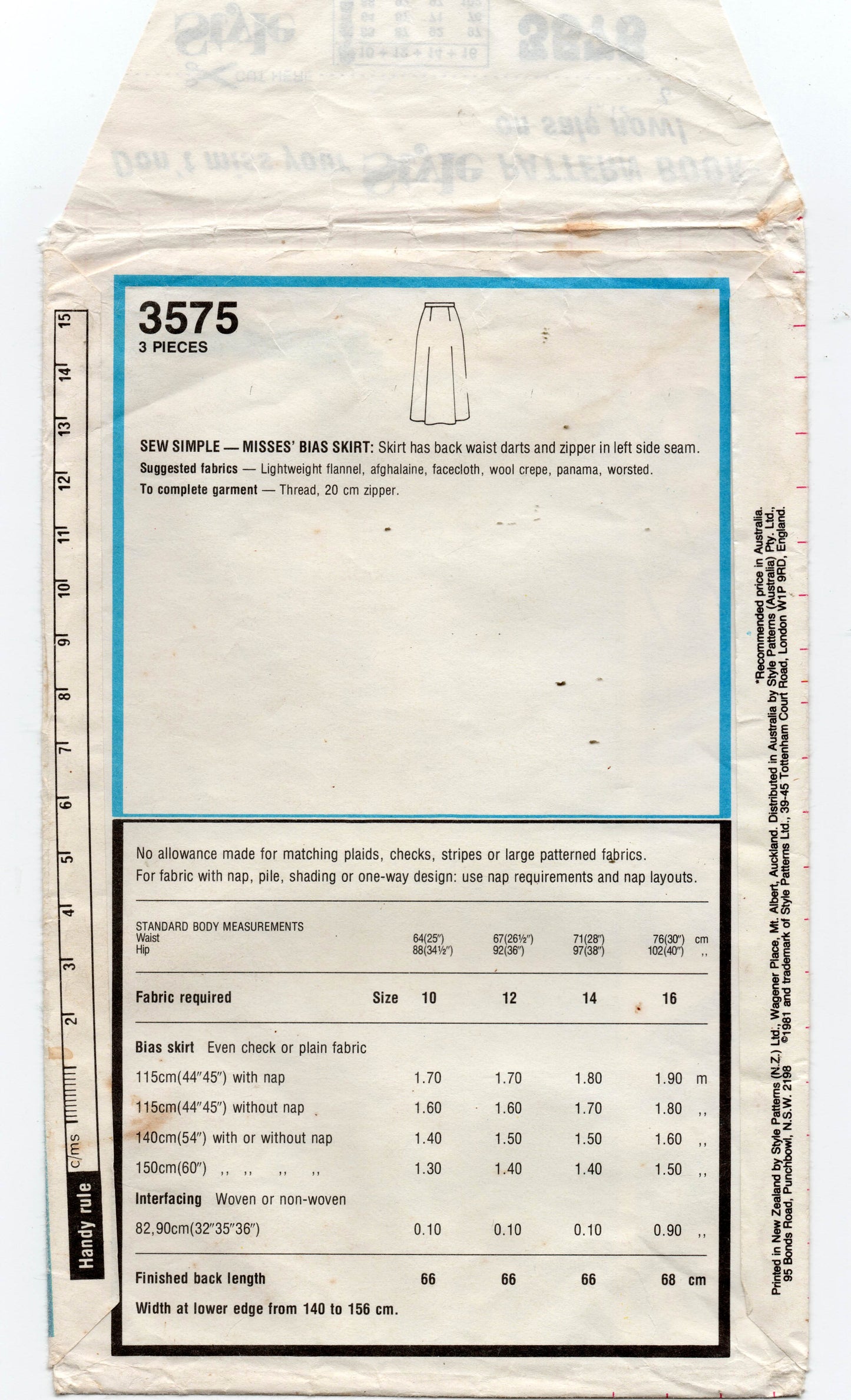 Style 3575 Womens EASY Bias Cut Skirts 1980s Vintage Sewing Pattern Size 10 - 16 UNCUT Factory Folded