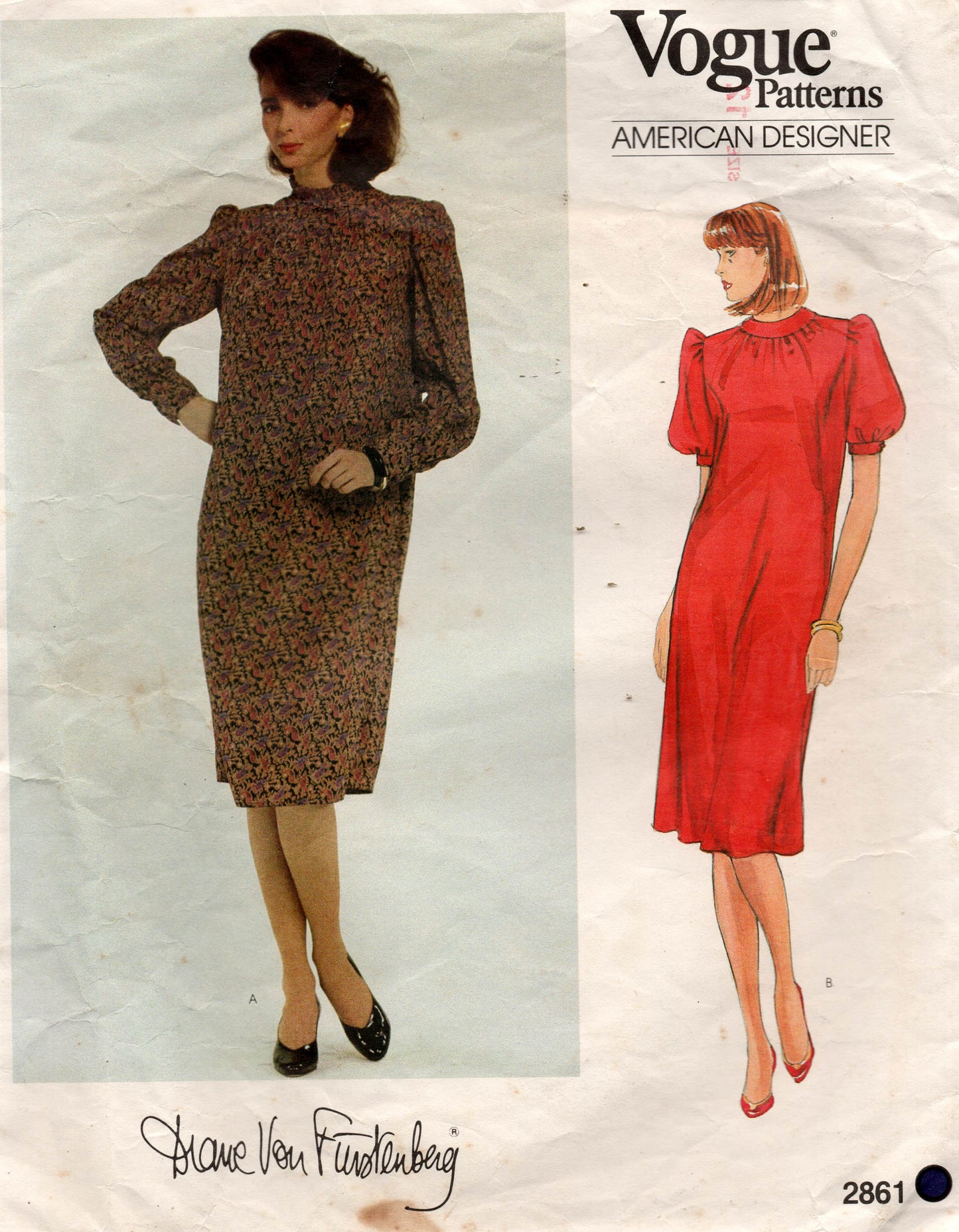 Vogue American Designer 2861 DIANE VON FURSTENBERG Womens Puffy Sleeved Straight Dress 1980s Vintage Sewing pattern Size 12 Bust 34 inches