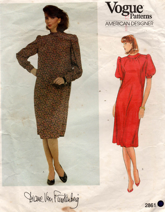 Patrón de costura vintage de los años 80 para mujer, vestido recto con mangas abullonadas, DIANE VON FURSTENBERG, diseñadora estadounidense Vogue 2861, talla 12, busto 34 pulgadas