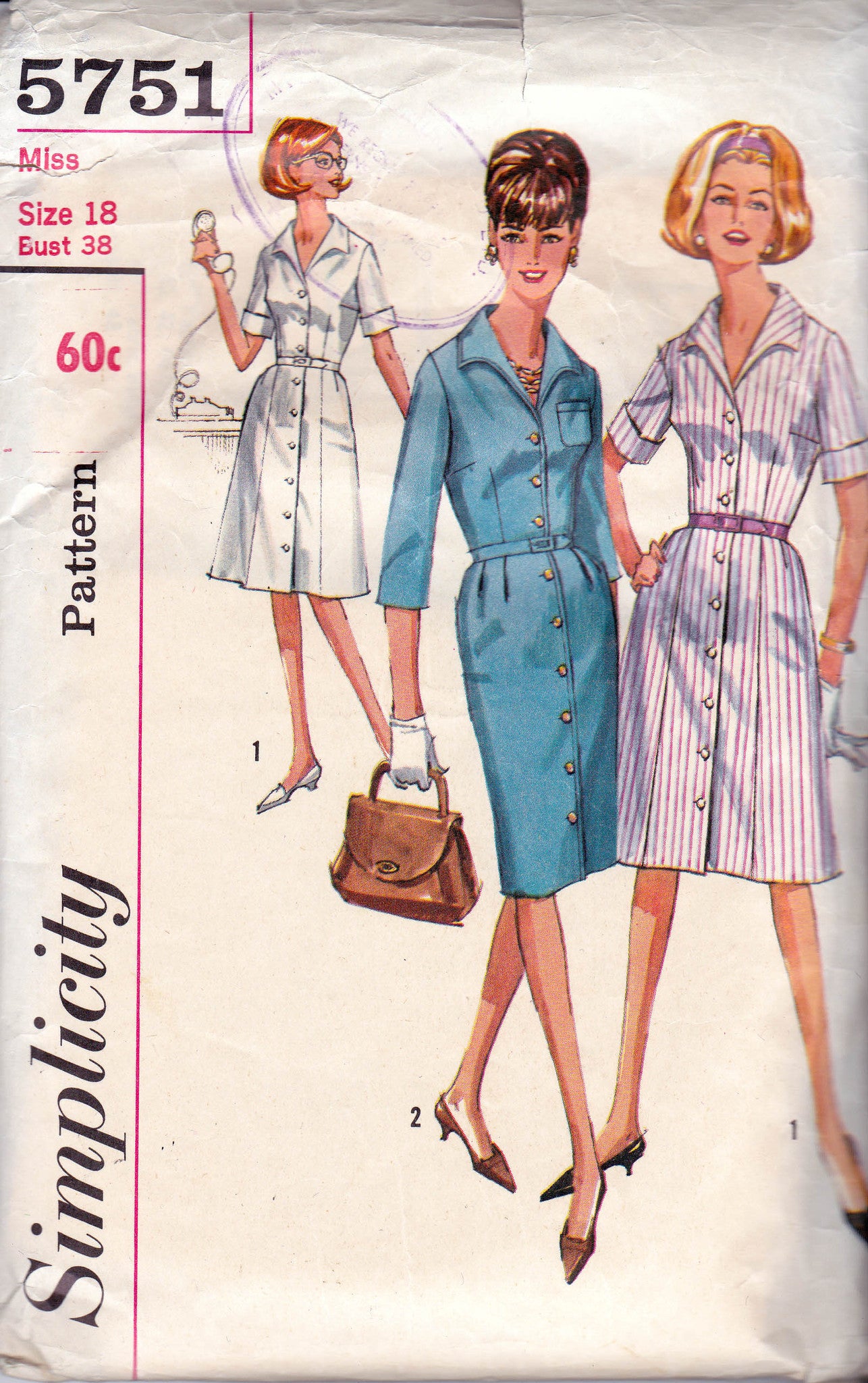 Simplicity 5751 Womens Classic Shirtwaist Dress 1960s Vintage Sewing Pattern Size 18 Bust 38 Inches UNUSED Factory Folded