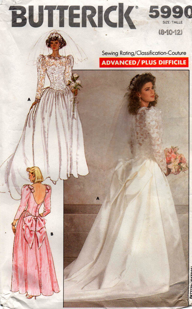 Butterick 5990 Womens Lace Trimmed Wedding Dress with Optional Train 1980s Vintage Sewing Pattern Size 8 12