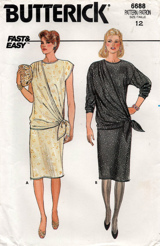 Butterick 6688 Womens EASY Pullover Straight Dress with Side Drape 1980s Vintage Sewing Pattern Size 12 Bust 34 Inches UNCUT Factory Folded