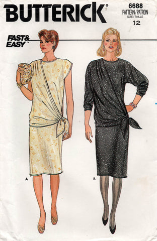 Butterick 6688 Womens EASY Pullover Straight Dress with Side Drape 1980s Vintage Sewing Pattern Size 12 UNCUT Factory Folds