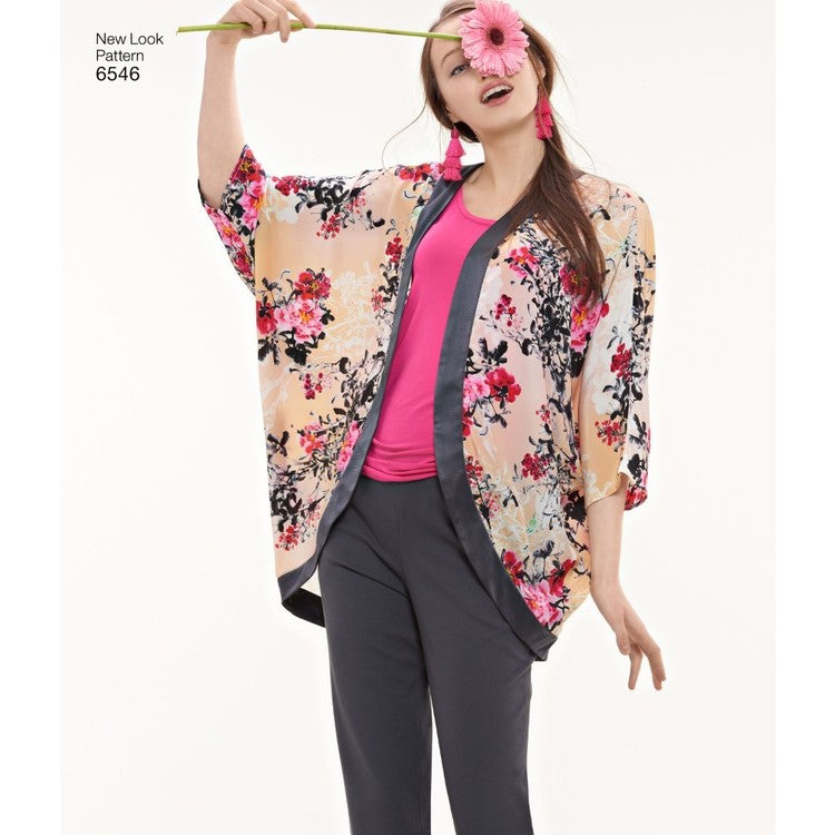 Patrón de costura de chaqueta cocoon para mujer New Look K 6546, camiseta sin mangas y pantalones, tallas XS a XL, sin cortar, doblado de fábrica