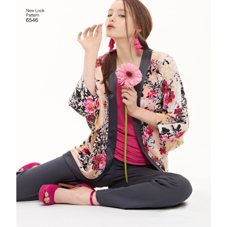 Patrón de costura de chaqueta cocoon para mujer New Look K 6546, camiseta sin mangas y pantalones, tallas XS a XL, sin cortar, doblado de fábrica