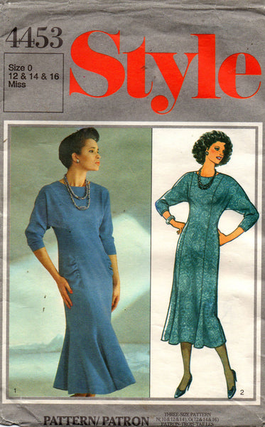 Style 4453 Womens Dress with Fluted Skirt 1980s Vintage Sewing Pattern 12 - 16 UNCUT Factory Folded