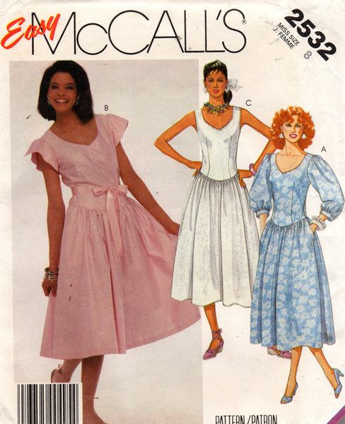 McCall's 2532 Womens Drop Waisted Dress 1980s Vintage Sewing Pattern S