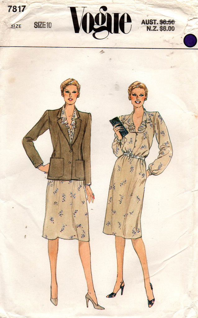 Vogue 7817 Womens Ruffled Front Dress & Blazer 1980s Vintage Sewing Pa