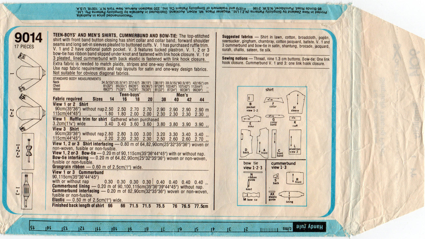 Simplicity 9014 Teens Youths Small Mens Dress Formal Shirt Bow Tie & Cummerbund 1970s Vintage Sewing Pattern Chest 35 & 36 inches