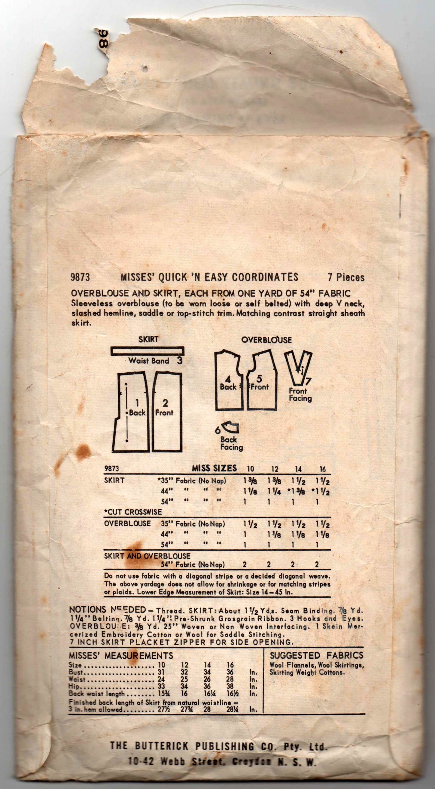 Butterick 9873 Womens EASY One Yard Overblouse & Skirt 1960s Vintage Sewing Pattern Bust 32 or 34 inches