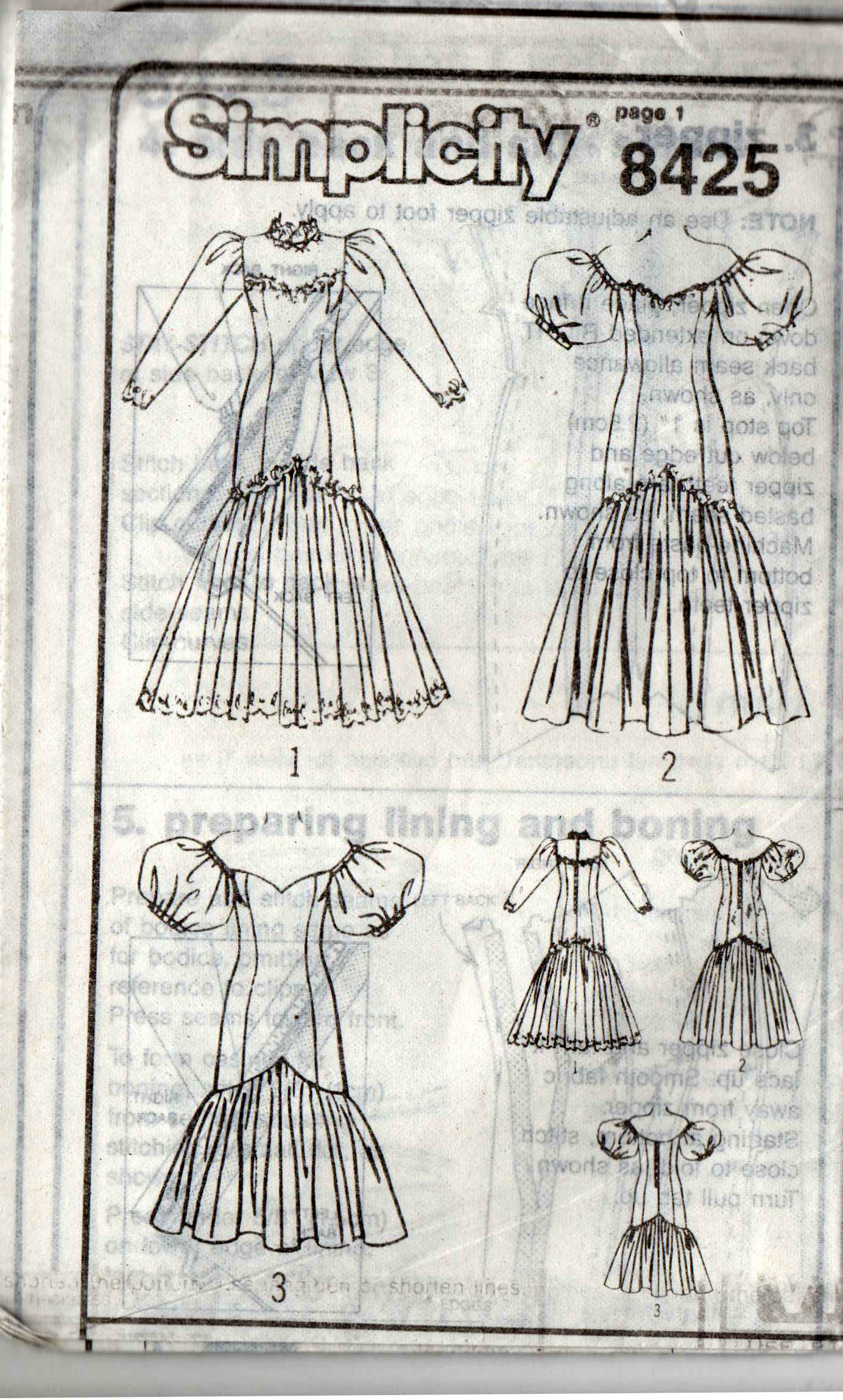 Simplicity 8425 Womens Puff Sleeved Mermaid Hem Flounced Wedding Dress 1980s Vintage Sewing Pattern Size 12