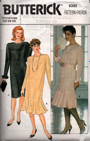 Butterick 6392 Womens Flounced Hem Drop Waisted Dress 1980s Vintage Sewing Pattern Size 12 - 16