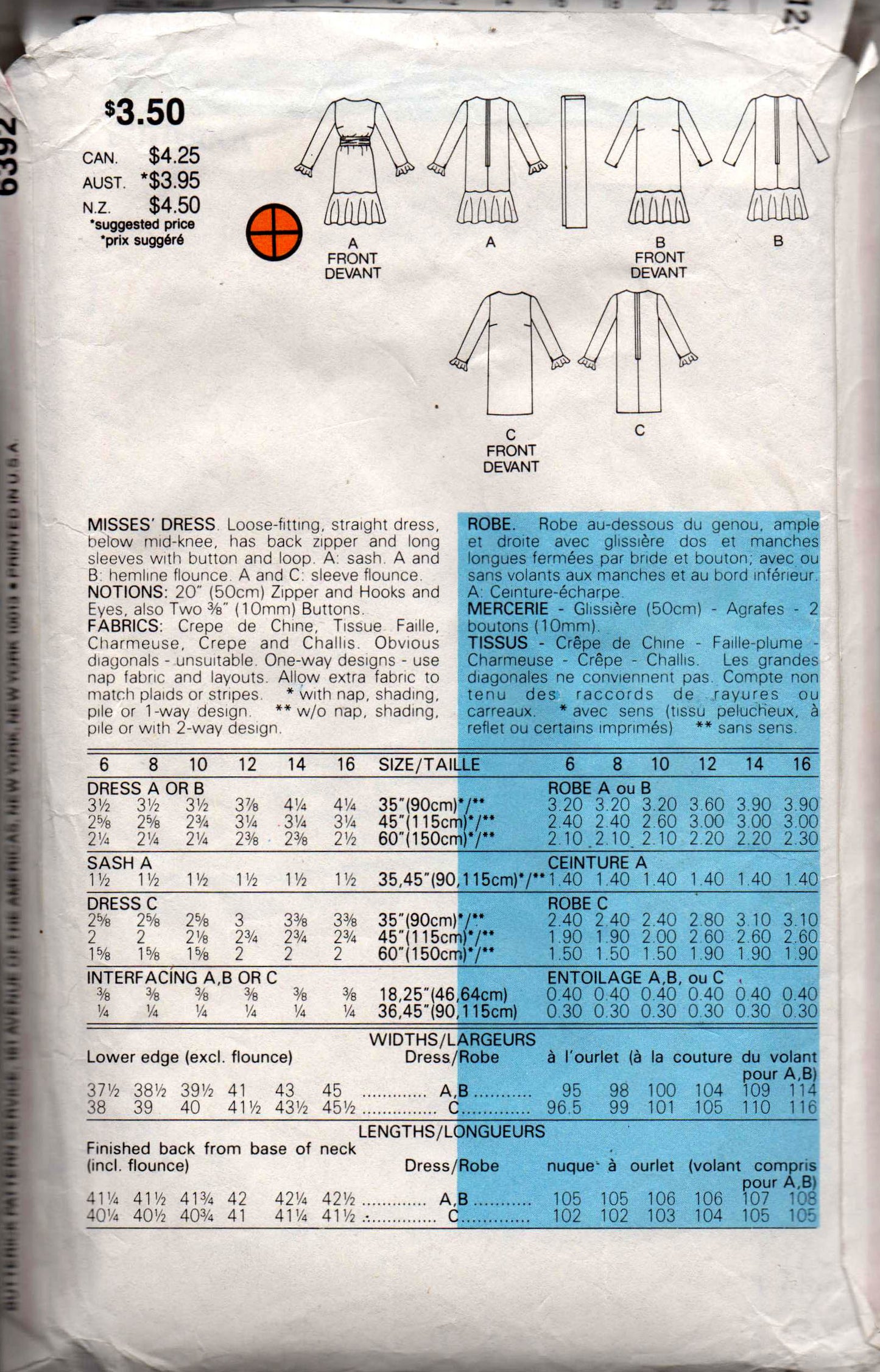 Butterick 6392 Womens Flounced Hem Drop Waisted Dress 1980s Vintage Sewing Pattern Size 12 - 16