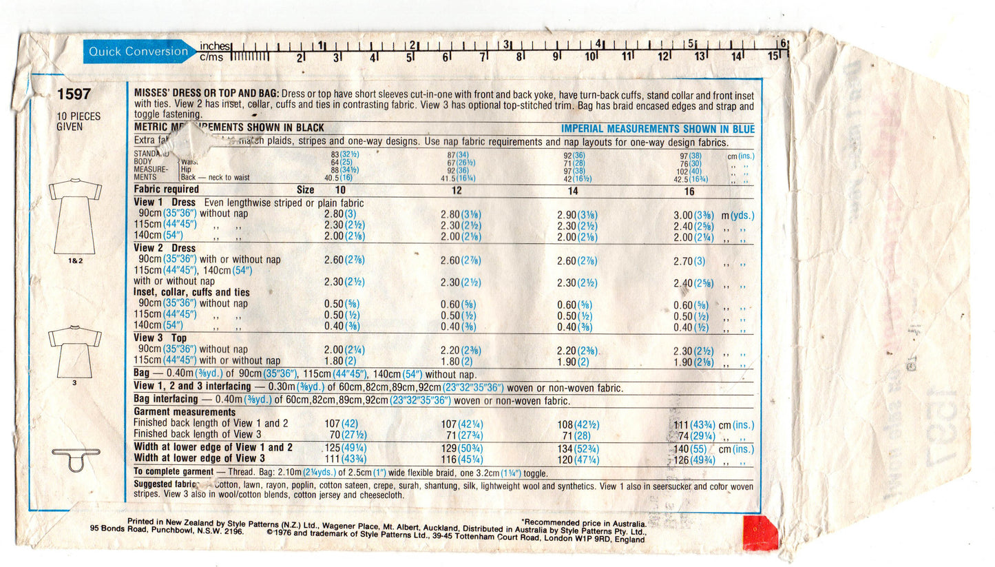 Style 1597 Womens Caftan Dress Top & Bag 1970s Vintage Sewing Pattern Size 10 Bust 32 1/2 inches