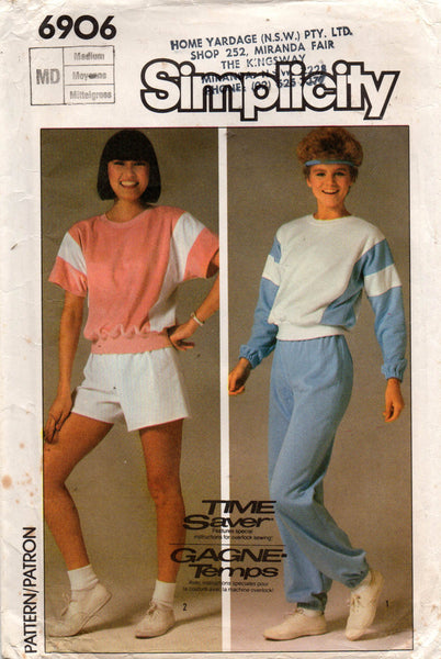 Simplicity 6906 Womens Stretch Active Wear T Shirt Sweatshirt Shorts & Pants 1980s Vintage Sewing Pattern Size MEDIUM UNCUT Factory Folded