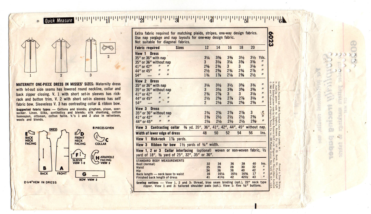 Simplicity 6023 Womens Maternity Dress with Collar 1960s Vintage Sewing Pattern Size 12 Bust 32 inches