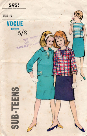 Vogue 5951 Sub Teen Girls Pullover Top Blouse & Skirt 1960s Vintage Sewing Pattern Size 10