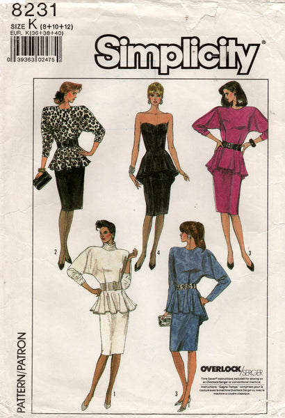 Simplicity 8231 Womens Peplum Dress 1980s Vintage Sewing Pattern Sizes 8, 10