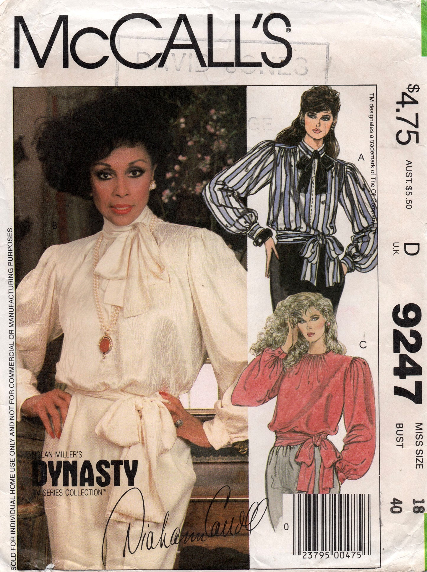 McCall's 9247 Womens DYNASTY Big Sleeved Blouse 1980s Vintage Sewing Pattern Size 18 Bust 40 inches UNCUT Factory Folded