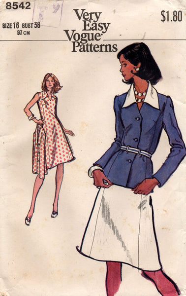 Vogue 8542 Womens Wide Collar Sleeveless Princess Dress & Jacket 1970s Vintage Sewing Pattern Size 16 UNCUT Factory Folded