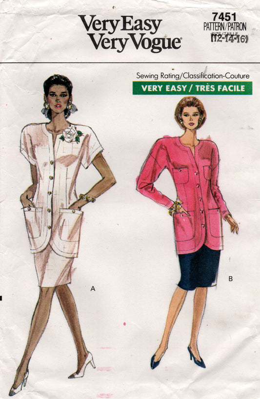 Very Easy Vogue 7451 Womens Slimline Jacket & Skirt 1980s Vintage Sewing Pattern Size 12, 14